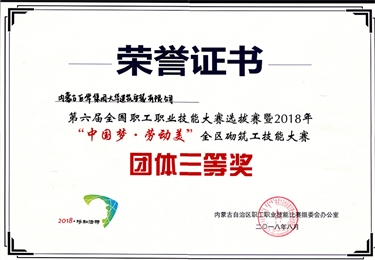 2018年第六屆全國職工職業(yè)技能大賽選拔賽“中國夢，勞動美”全區(qū)砌筑工技能大賽團體三等獎